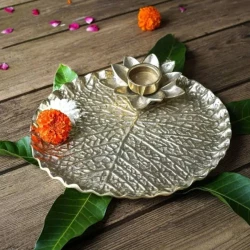BEHOMA Aluminium Lotus Leaf Thali for Pooja and Decoration Aluminium Decorative Platter (Gold)