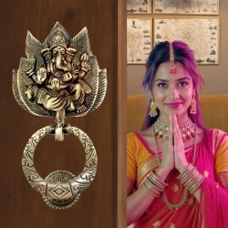 8" Brass Lotus Ganesh Door Knocker | Brass Antique Ganesh Door knocker | Ganesh Ji on Lotus Door Knocker | Antique Brass Lotus Door Knocker