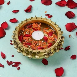 Brass Urli Bowl with Bells | Ethnic Design Pot for Home Decor Temple Room, Gift,(8.2 Inches, 1.9Kg, Golden Yellow