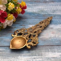 Twin Peacock Design Round Brass Pooja Aarti Spoon, Hawan Spoon for Pouring Ghee in Hawan Kund, Antique Yellow